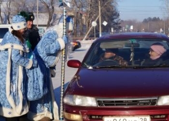 Амурских водителей поздравили полицейские Дед Мороз и Снегурочка
