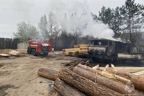 В Приамурье тушили пожар на пилораме: огонь перешел на лес